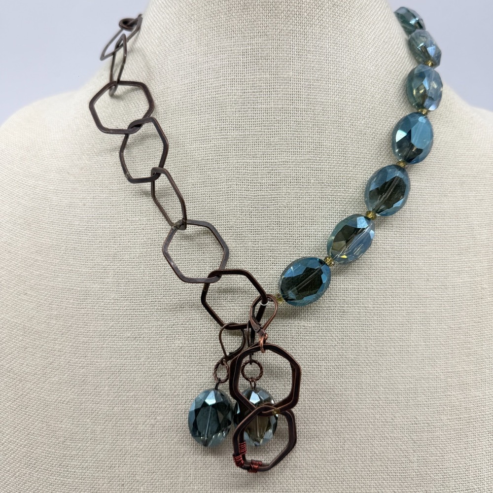 Asymmetrical Copper Tone Chain Blue Crystal Statement Necklace Industrial Gift